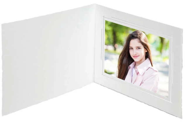 White Capital Folder with pearl border open showing single print bottom-loading design