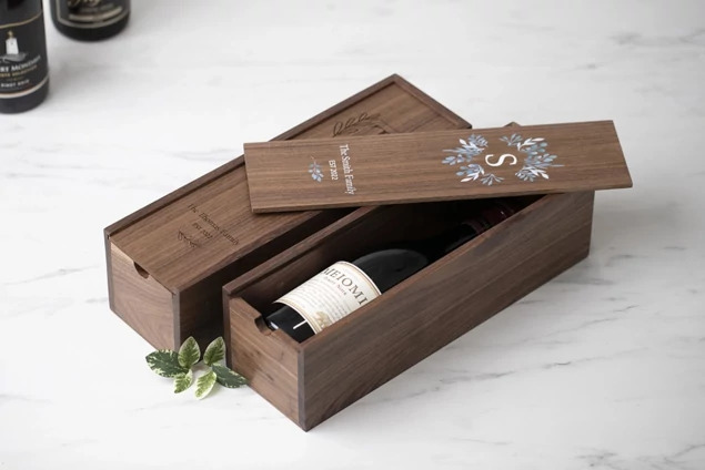 Tyndell Walnut Wood Wine Box showing natural walnut wood construction with removable sliding lid for wine bottle delivery