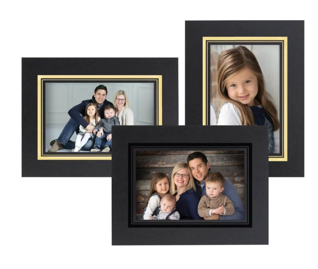 Three Aster Easels in different sizes displaying family and senior portraits with gold foil border     Tyndell portrait easel