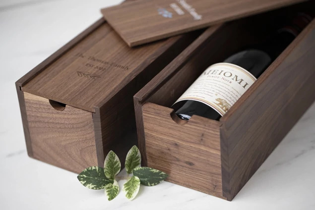 Tyndell Walnut Wood Wine Box with full color printed design showing customization options on walnut wood surface