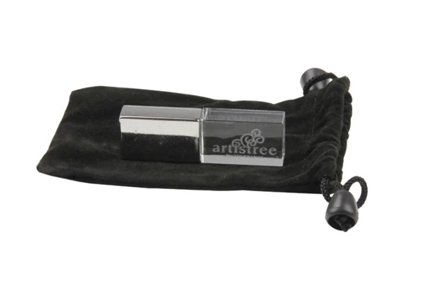 Black velvet drawstring USB bag shown closed for flash drive delivery presentation