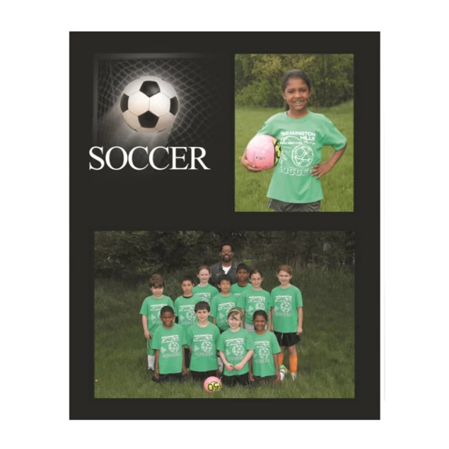 PS-101 Soccer Memory Mate showing multi-color soccer design with 7x5 team and 3x5 individual portrait openings